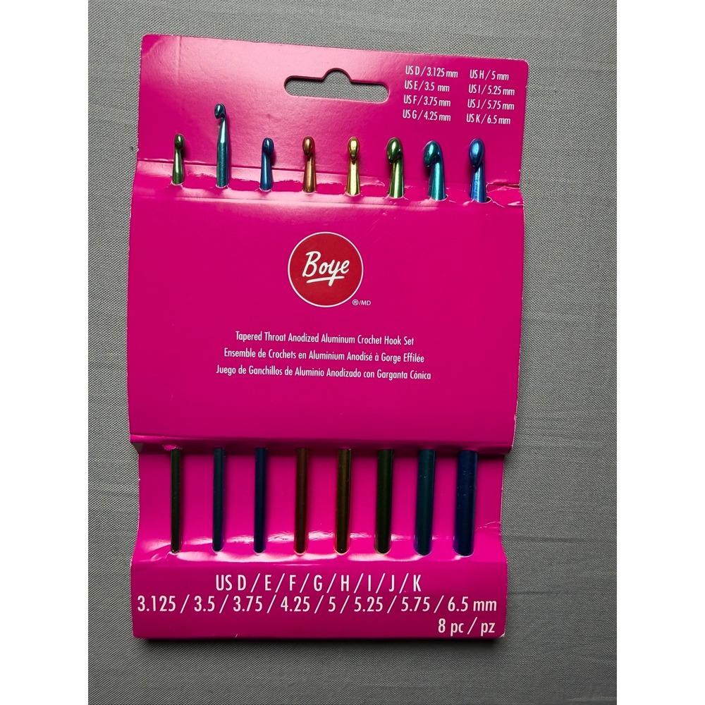 Boye Tapered Throat Anodized Aluminum Crochet Hook Set 8pc Sizes D-K 33962790DKM